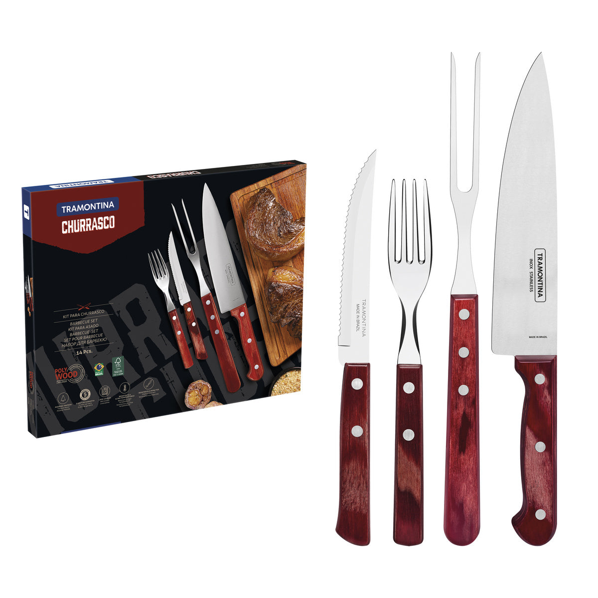 TRAMONTINA 14-Piece Fork and Knife Set with Durable Polywood Red Handles – Premium Stainless Steel Cutlery Set for Dining and Everyday Use, Ultra Sharp, High Anti-Rust, Non-stick Blades - De