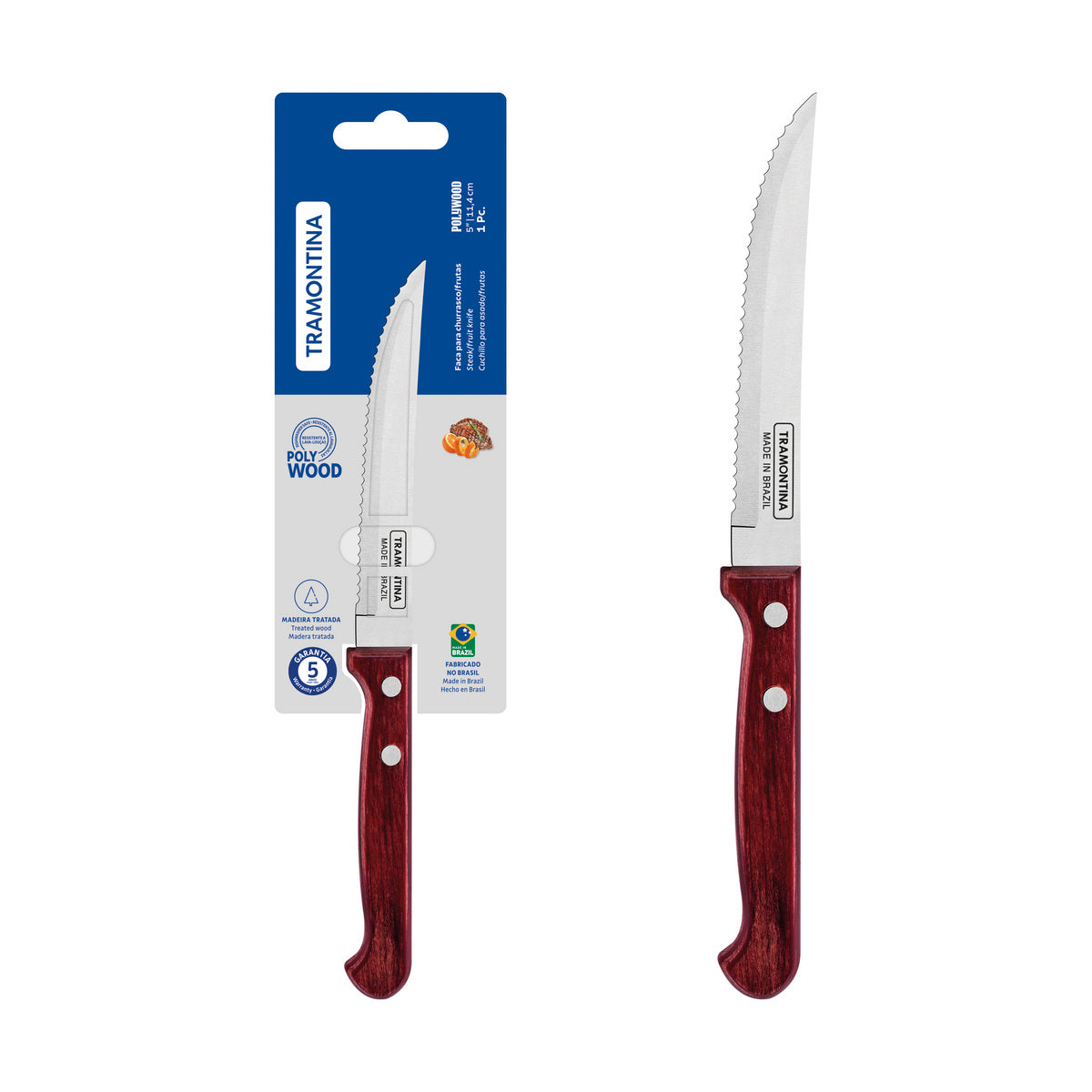 TRAMONTINA Polywood Steak and Fruit Knife, 12.5 cm Stainless-Steel Blade, Durable Treated Red Wood Handle, Premium Quality Kitchen and Dining Tool, Sharp and Long-Lasting