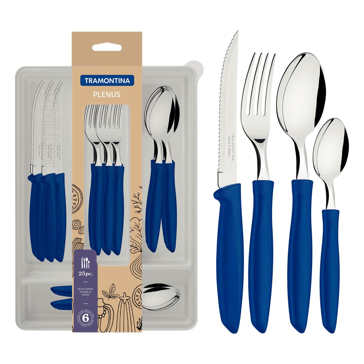 TRAMONTINA Plenus 25-Piece Cutlery Set with Blue Handles - Complete Set of Stainless Steel Knives, Forks, and Spoons for Everyday Dining and Entertaining - Designed for High Performance and