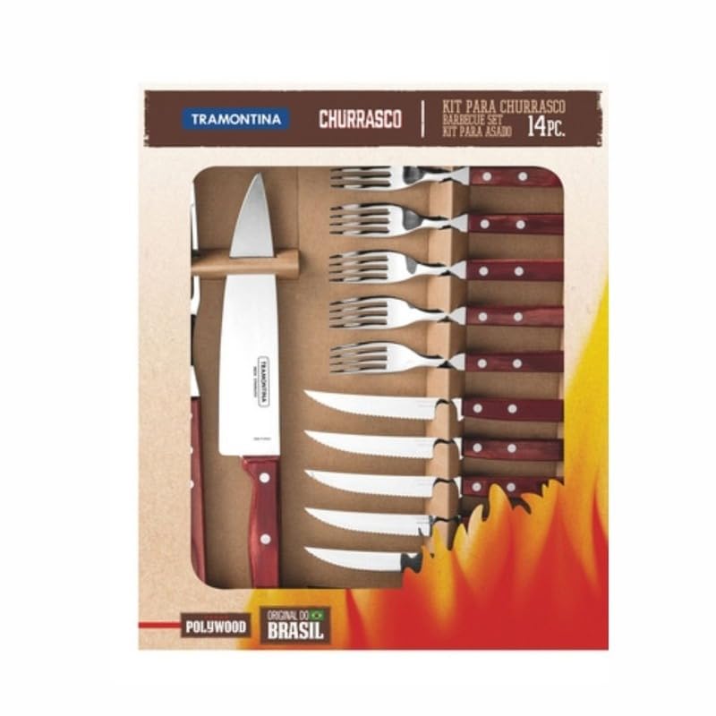 Tramontina 14-Piece Fork and Knife Set with Durable Polywood Red Handles