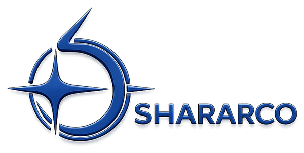 Blue logo featuring a stylized compass-like emblem and the word 'SHARARCO' on a plain white background.
